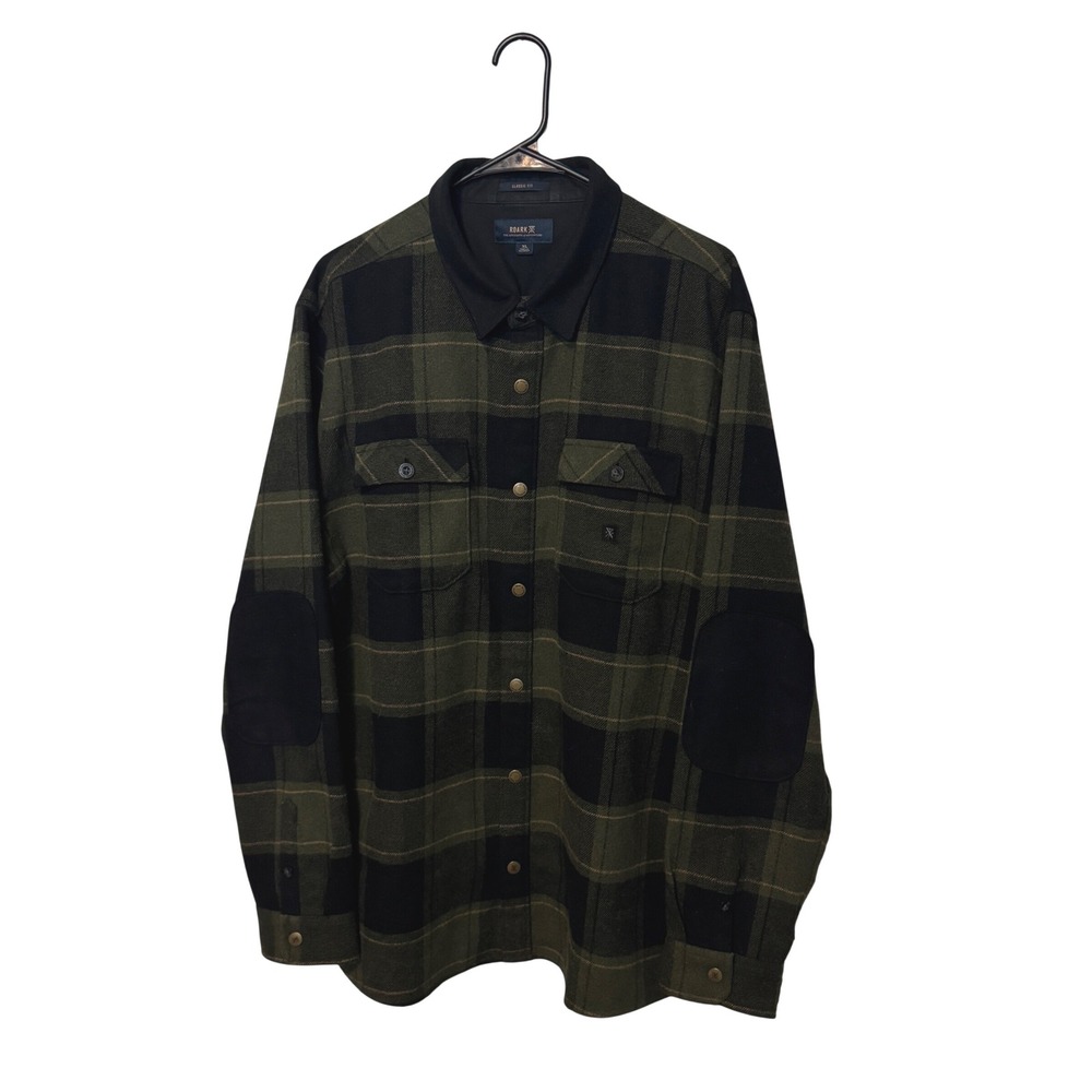 Roark Nordsman Flannel Shirt Mens XL Green Plaid Wool Blend Elbow Patches Snap
